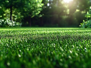 Naklejka premium Vibrant green grass growth serene park nature photography sunlit environment close-up perspective tranquility