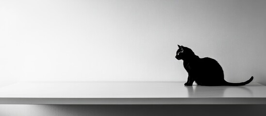 Black cat sitting on a sleek white table against a minimalist white background with ample empty space for text placement