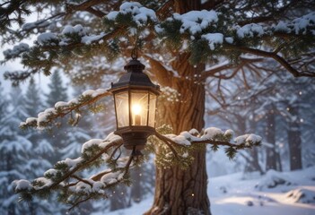 A lantern's warm light illuminates the snow-covered branches of a majestic pine tree, snowflakes gently falling, winter wonderland scene