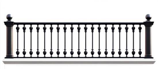 Black metal railing featuring decorative balusters set against a clean white background, providing ample space for text or graphics.