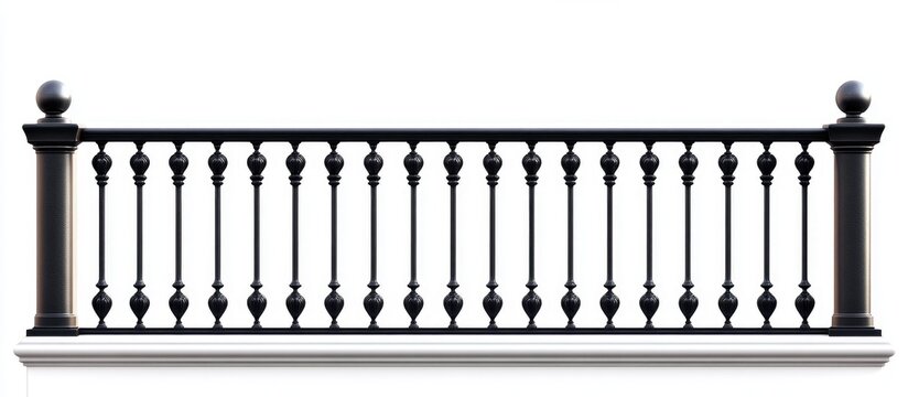 Black metal railing featuring decorative balusters set against a clean white background, providing ample space for text or graphics.