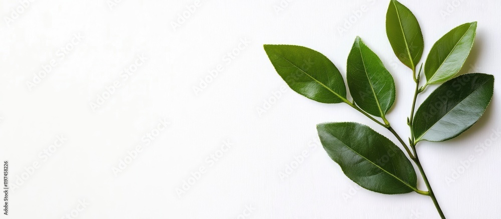 Poster fresh green leaf branch isolated on white background with ample copy space for text in natural clean