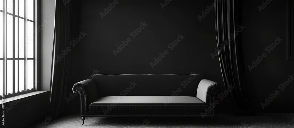 Poster elegant black leather couch positioned by large window in minimalist dark room, featuring ample empt