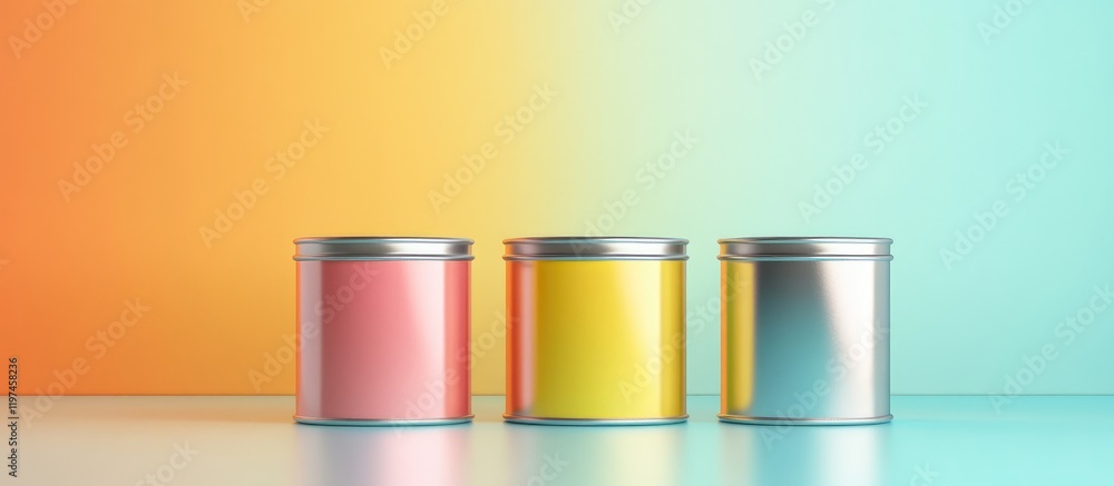 Poster colorful open cans with silver lids in vibrant pink yellow and metallic tones on gradient background