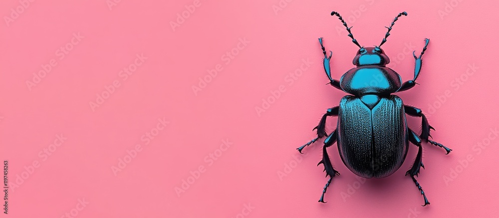 Poster vibrant black beetle with striking blue markings on a soft pink background with ample negative space