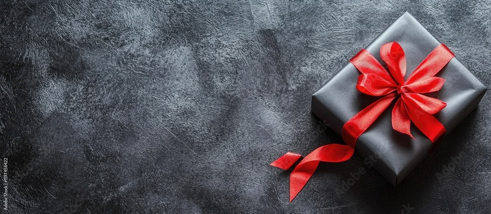 Poster elegant black gift box adorned with a vibrant red ribbon on a textured gray background featuring amp