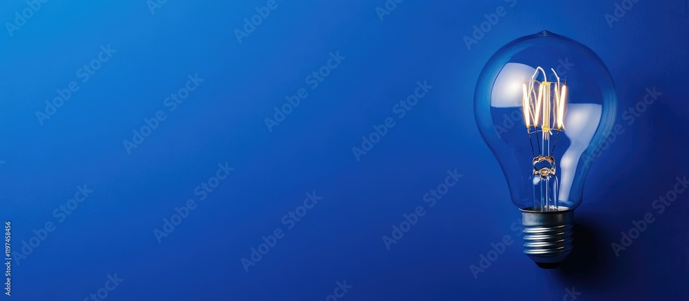 Poster fluorescent light bulb containing brain on vibrant blue background with ample empty space for text a