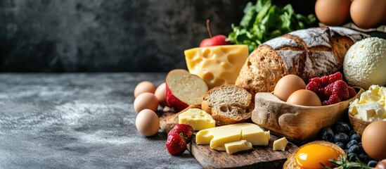 Assorted breakfast spread with brown bread, yellow cheese, eggs, and fresh fruit on dark rustic wooden surface with copy space for text