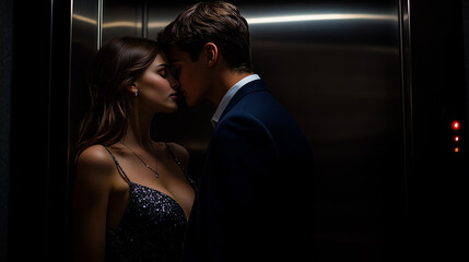 Passionate young beautiful couple kissing intensely in an empty elevator with space for text, adult erotic book cover