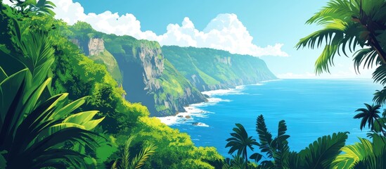 Panoramic ocean view from a high cliff surrounded by vibrant green foliage and blue skies with ample negative space for text overlay