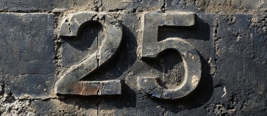 Weathered black numeral 25 against textured gray cement with blank area for text