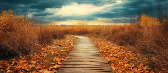 Serene autumn countryside landscape showcasing a wooden pathway adorned with golden leaves under moody overcast skies, ideal for text placement