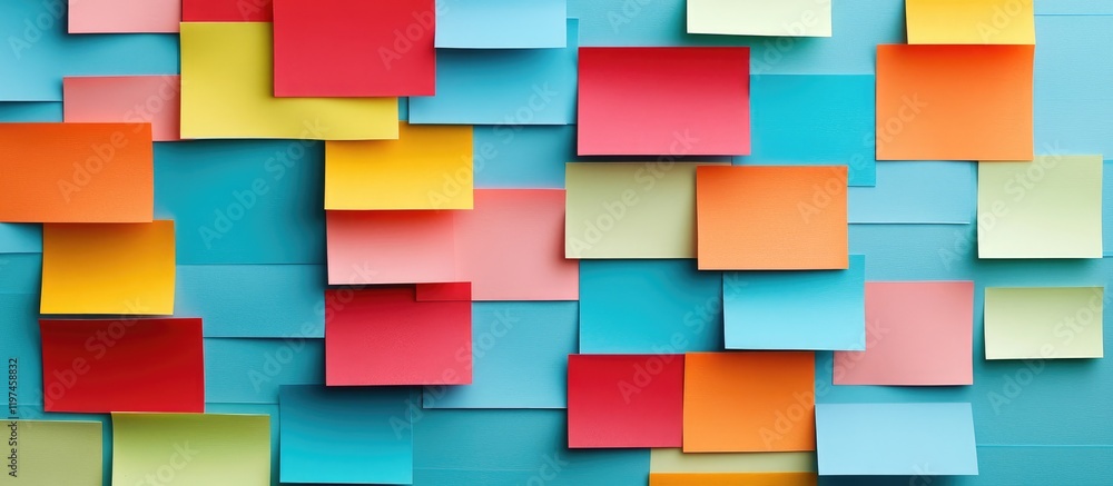 Poster colorful sticky notes arranged on a blue background creating a vibrant collaborative workspace for p