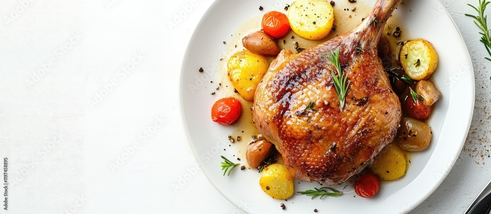 Poster braised duck leg served with colorful roasted vegetables on a pristine white background creating amp