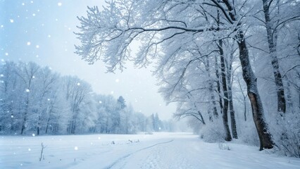 Obraz premium *Frozen forest landscape with snowflakes gently falling on the ground, whiteout conditions, serene landscape, snow-covered forest floor, snow-covered trees