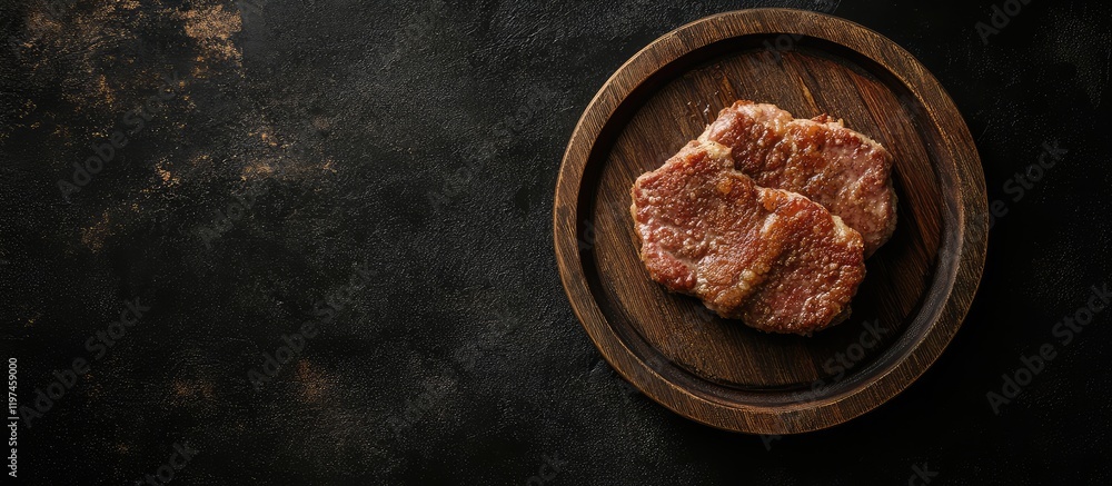 Poster breaded veal cutlets on round wooden plate with dark background and empty space for text in horizont