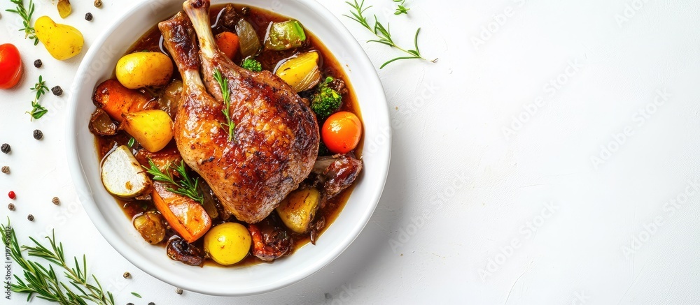 Aufkleber braised duck leg served with colorful vegetables in a white bowl on a bright white background with a