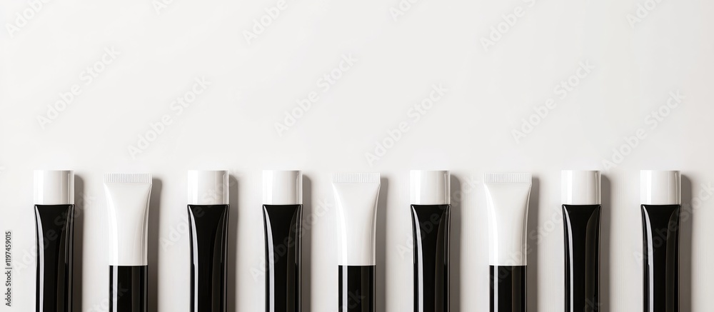Poster black glossy cosmetic tubes with white caps neatly aligned on a clean white surface providing ample 
