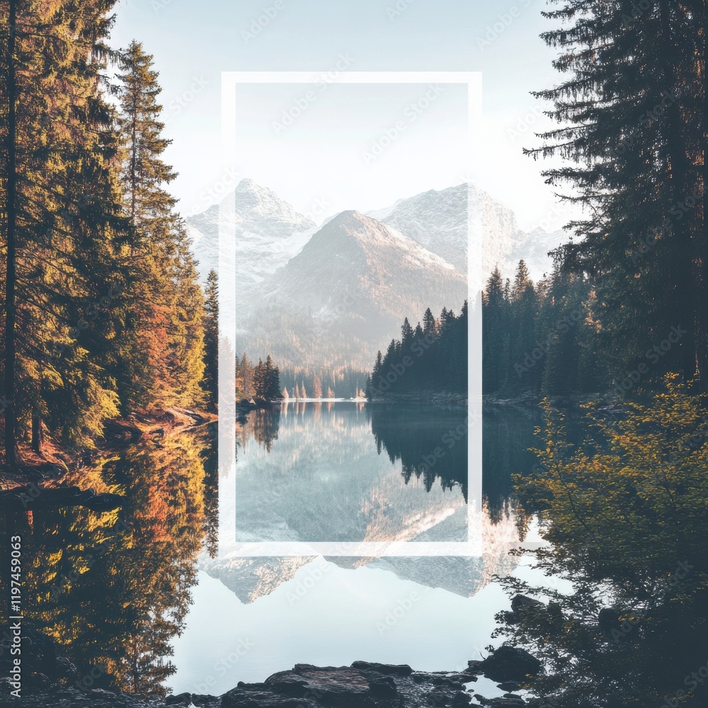 Poster natural landscape with mountains and forest along a mirror like lake at dawn. generative ai