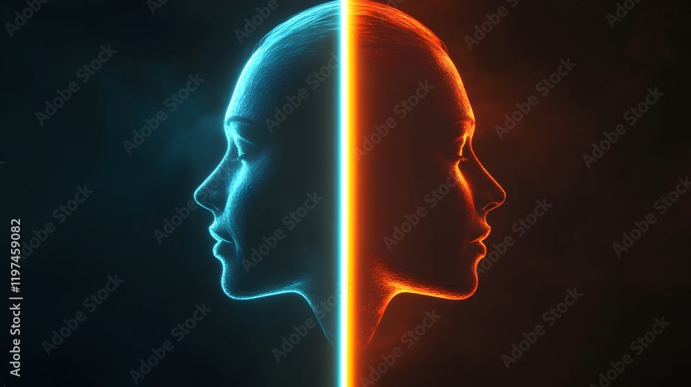 Poster duality of human emotion in vibrant blue and orange light with silhouettes of two faces representing