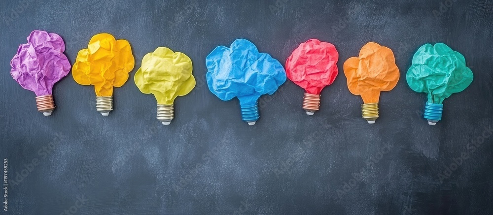 Poster colorful light bulb conceptual ideas on dark chalkboard background with empty text space for creativ