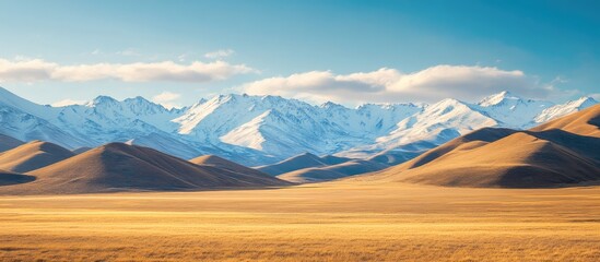 Vast Snow-Capped Mountains Against a Clear Sky with Golden Grassland in Foreground and Ample Copy Space for Textual Overlay