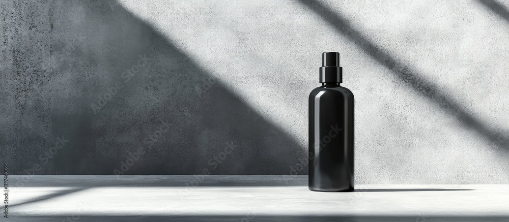 Poster black glossy cosmetic bottle mockup positioned centrally against a light grey textured backdrop with