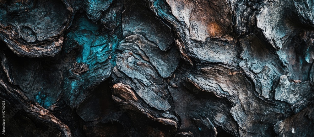 Aufkleber textured bark of a tree close-up showcasing rustic tones of dark browns and blues with ample copyspa