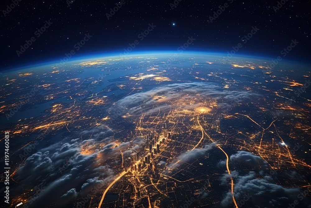 Wall mural futuristic city aerial view at night. structure of sci-fi metropolis with neon lights from the bird 