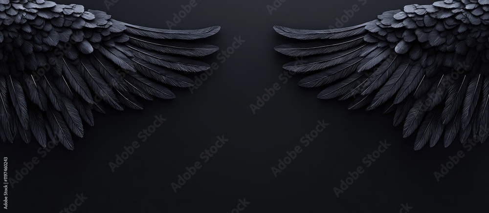 Poster elegant black glossy background featuring detailed angel wings symmetrically positioned with ample e