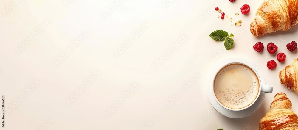 Poster freshly baked croissants with coffee and assorted berries on light background with empty space for t