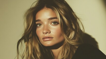 Captivating portrait of a young woman with flowing hair illuminated by soft light, creating a serene atmosphere in a minimalist setting