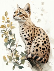 A beautifully illustrated serval cat with striking spots, sitting gracefully beside green leaves on a light background.