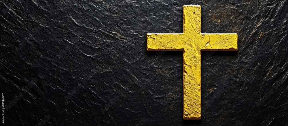 Poster yellow cross emblem on textured black background with copy space for custom typography and branding 