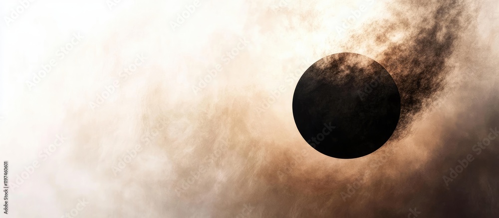 Poster cosmic black hole surrounded by luminous light with swirling dark clouds in a gradient of deep black