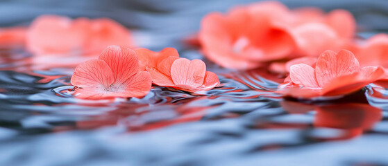 Petals drift peacefully on a tranquil water surface creating a serene atmosphere