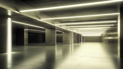 Obraz premium Illuminated Concrete Parking Garage: Modern Architecture, Interior Design