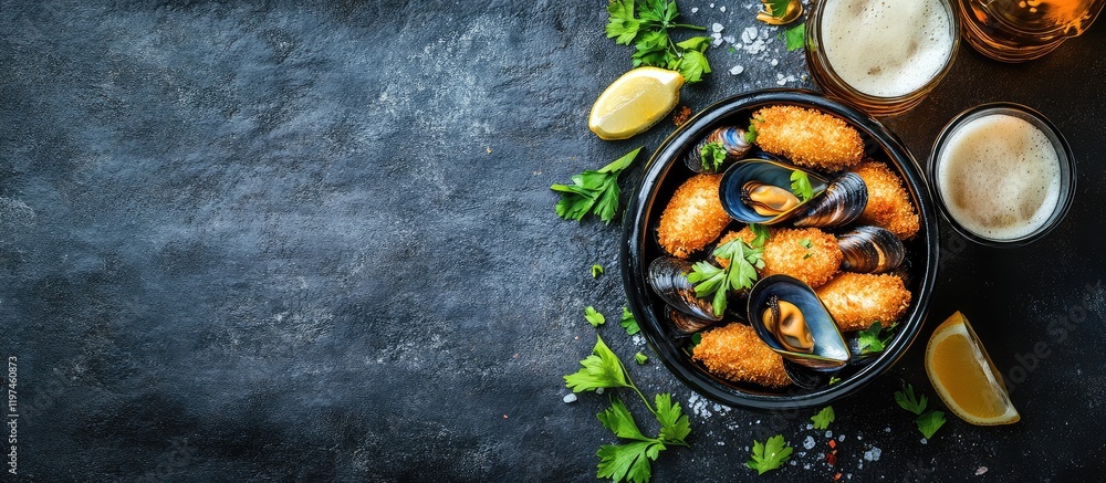 Aufkleber breaded mussels with lemon slices in a black bowl beside cold beer in glasses on dark textured backg