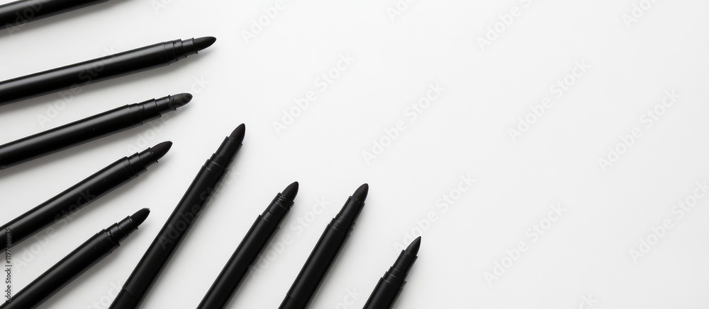 Poster scattered black felt tip markers arranged diagonally on a clean white background with ample empty sp