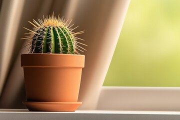 Cactus in a terracotta pot on a windowsill with soft natural light shining through a curtain