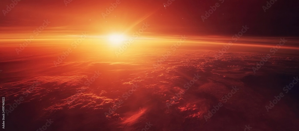 Poster vibrant orange and red sunset view from airplane window above clouds with empty space for text ideal
