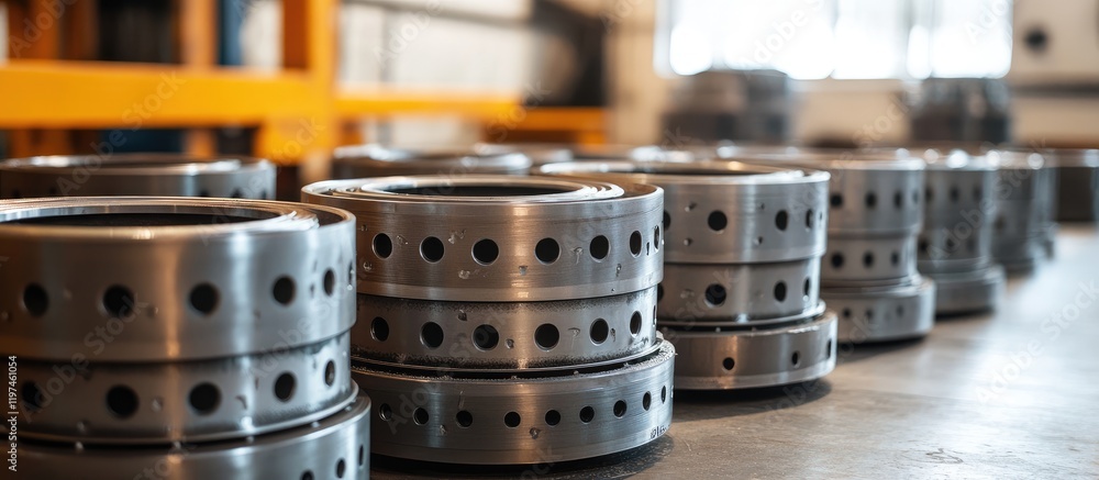 Poster industrial close-up of brake drums arranged in a workshop setting with metal textures and warm light