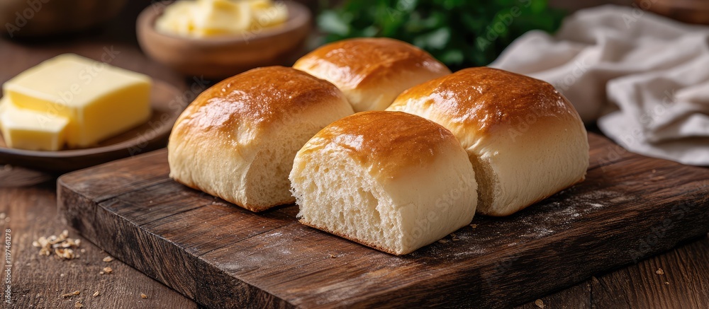 Aufkleber whole wheat and white bread rolls with butter on a wooden cutting board in a rustic kitchen setting 