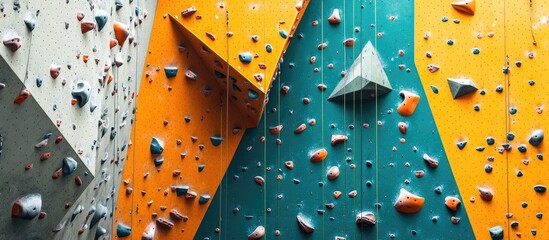 Colorful climbing wall with varied holds in orange and teal, featuring ample copy space for text, ideal for sports and fitness themes.
