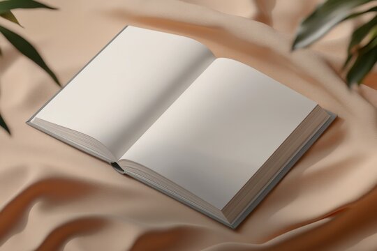 Blank pages await inspiration under soft natural light with delicate green leaves framing an inviting reading space