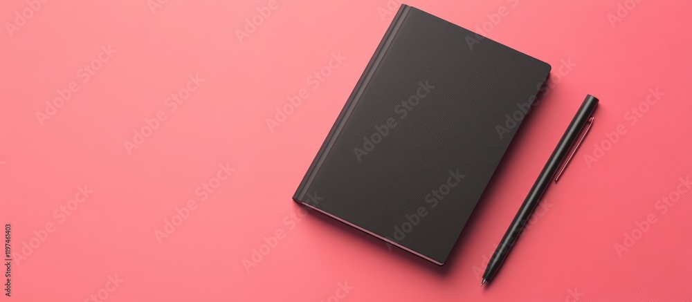 Poster black notebook and pen on vibrant pink tabletop flat lay composition with ample empty copyspace for 