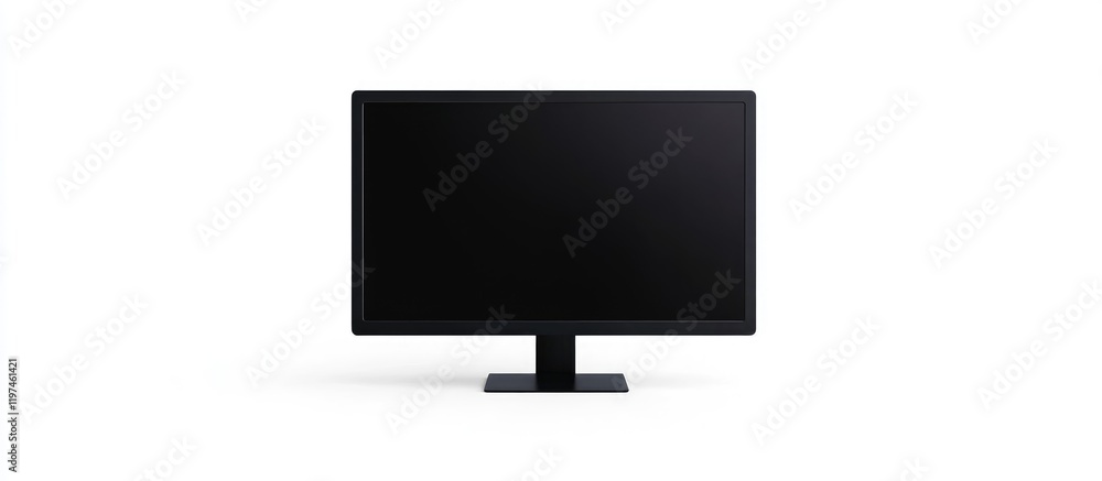 Poster sleek black computer monitor displayed on pure white background with ample blank space for custom te