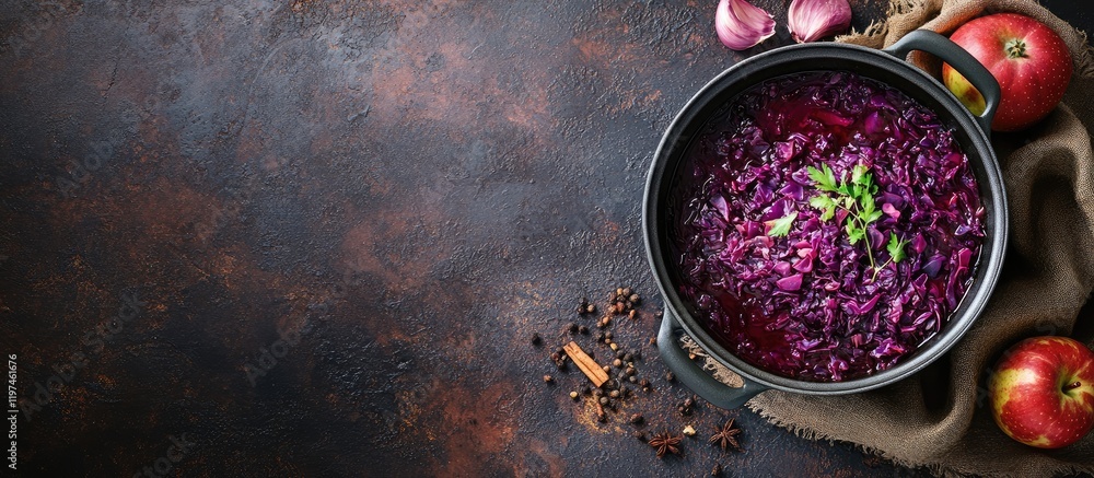 Poster braised red cabbage with apples and spices in a black pot on a rustic dark countertop with empty spa