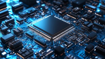 Fototapeta premium Close-up View of Microchip on Printed Circuit Board in Blue Tones