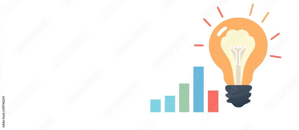 Poster creative concept of brain with illuminated light bulb and colorful bar graphs on white background wi